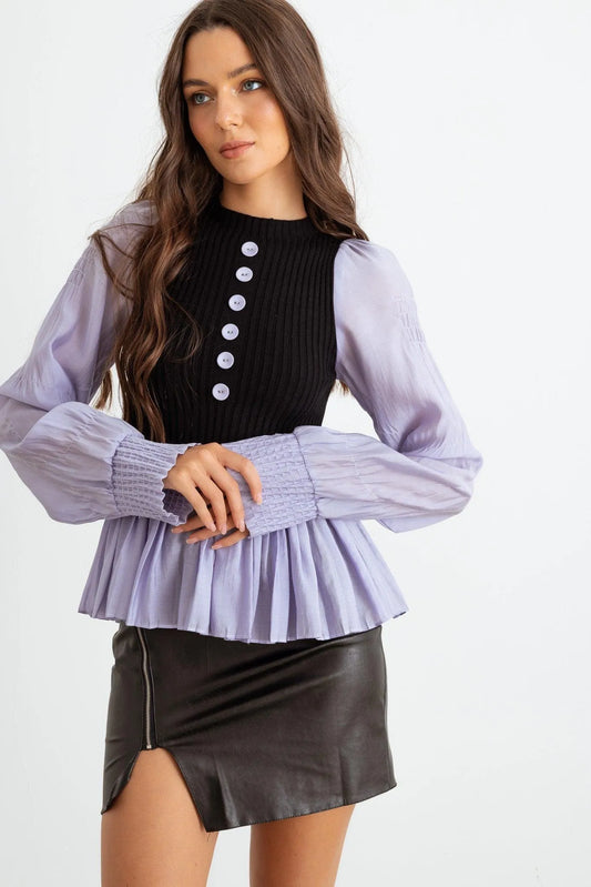 Ribbed Bodice Button-Up Pleated Hem Knit Shirt - Tasha Apparel Wholesale