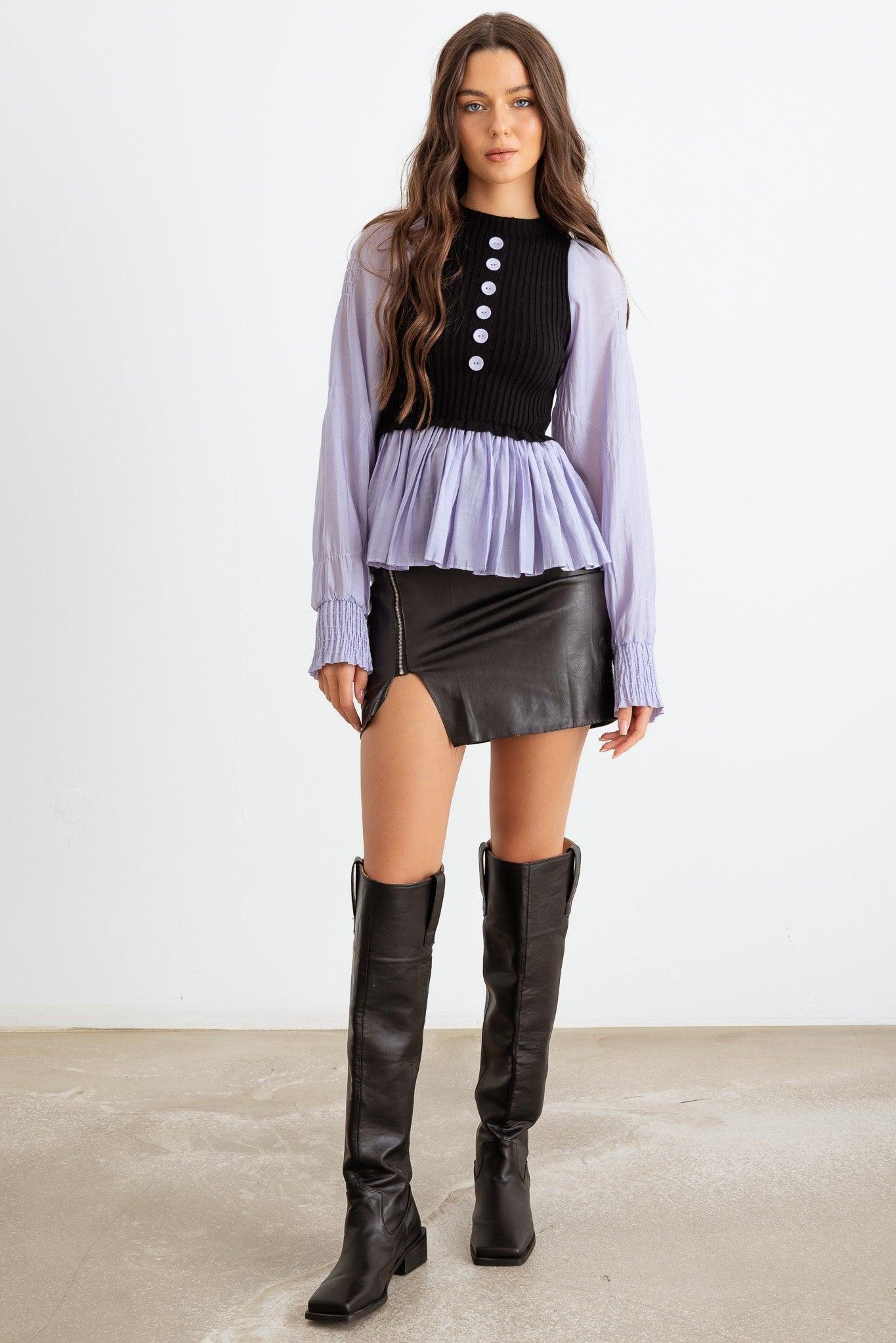 Lilac & Black Ribbed Bodice Button-Up Pleated Hem Shirt full