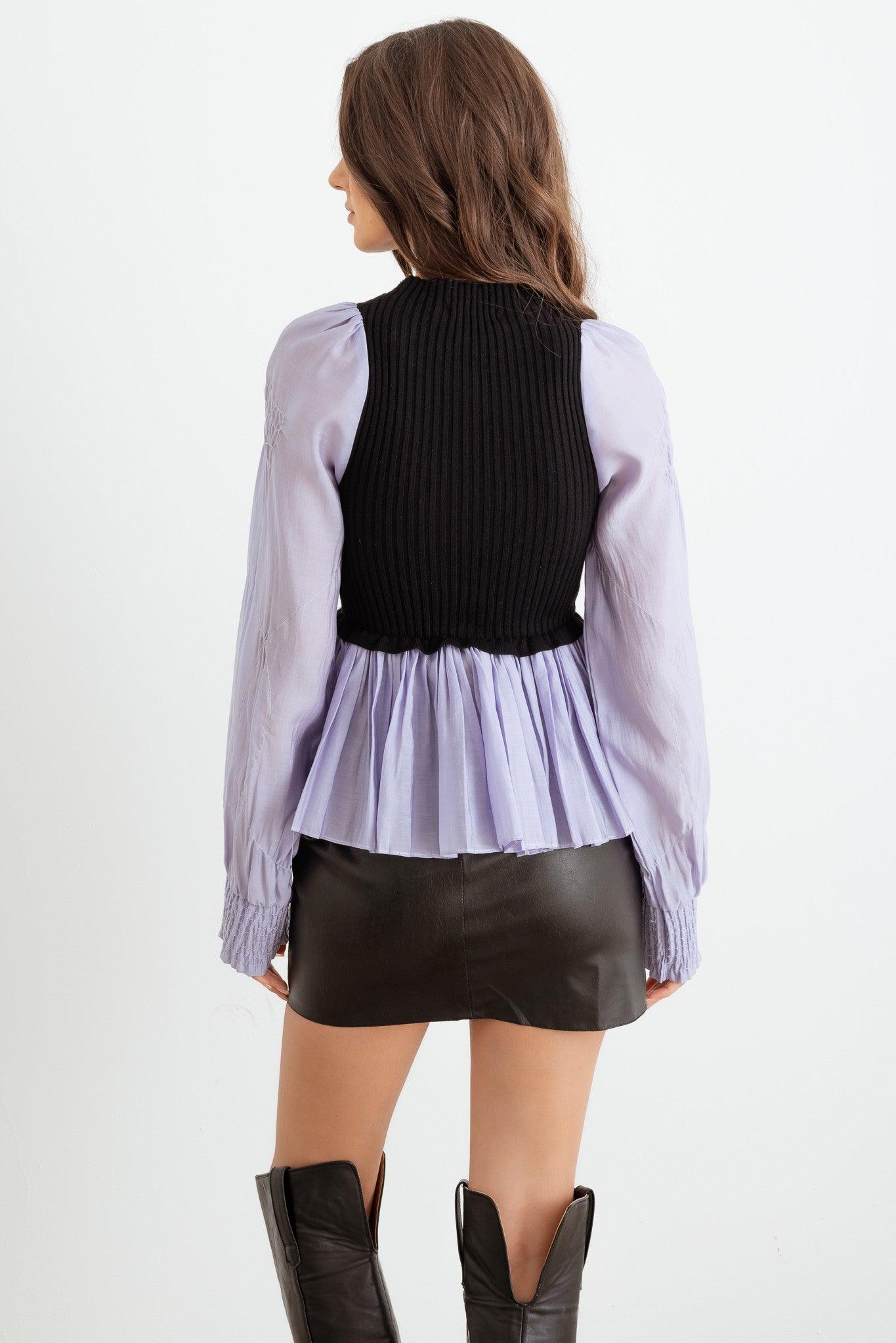 Lilac & Black Ribbed Bodice Button-Up Pleated Hem Shirt back