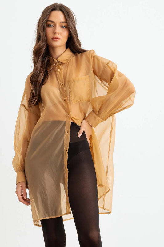 Sheer Mesh Button-Up Long Sleeve Shirt - Tasha Apparel Wholesale