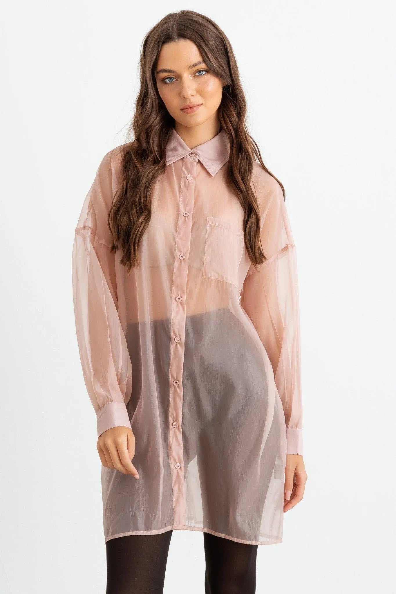 Wholesale Sheer Mesh Button-Up Long Sleeve Shirt