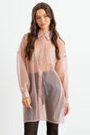 Pink Sheer Mesh Button-Up Long Sleeve Shirt front