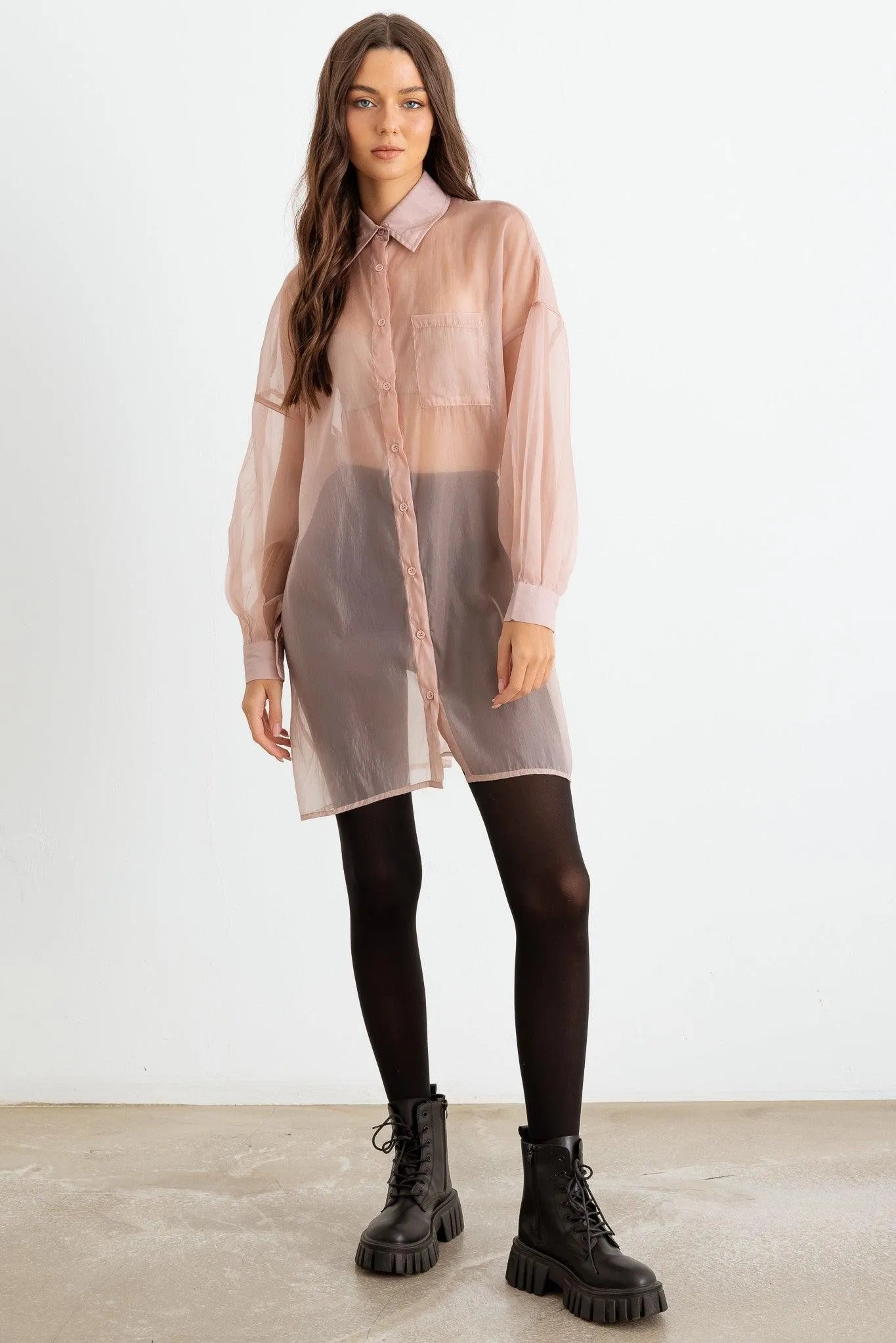 Wholesale Sheer Mesh Button-Up Long Sleeve Shirt