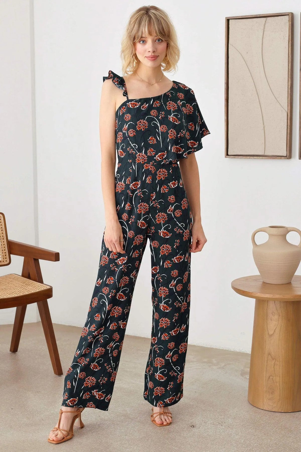 Floral Short Ruffle Sleeve Ruffle Strap Wide Leg Side Zipper Jumpsuit - Tasha Apparel Wholesale