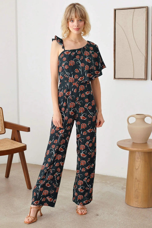 Floral Short Ruffle Sleeve Ruffle Strap Wide Leg Side Zipper Jumpsuit - Tasha Apparel Wholesale
