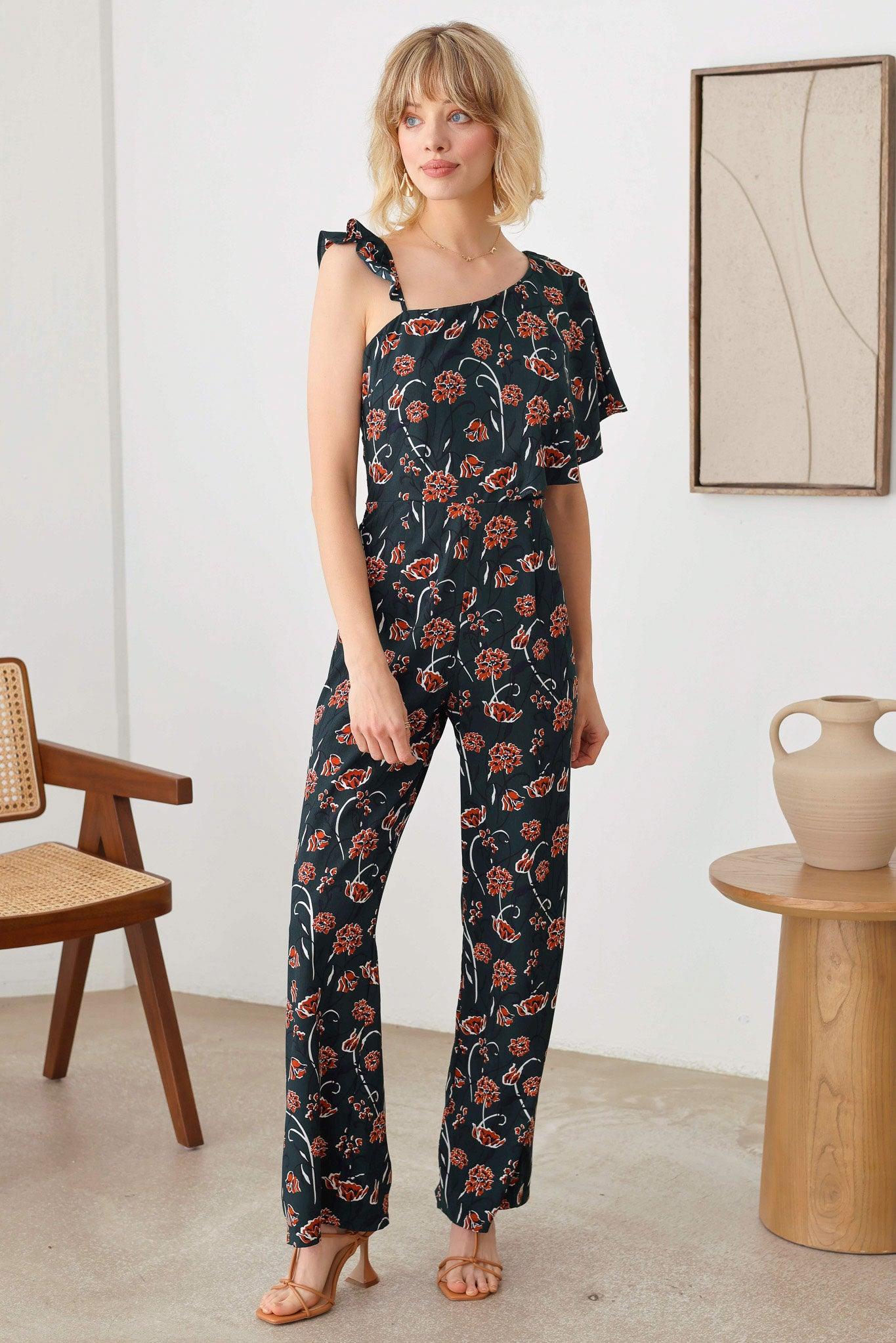 Floral Short Ruffle Sleeve Ruffle Strap Wide Leg Side Zipper Jumpsuit - Tasha Apparel Wholesale