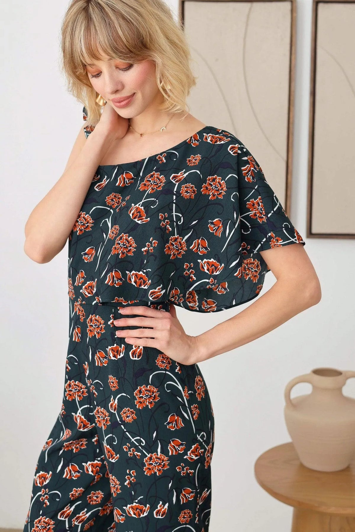Floral Short Ruffle Sleeve Ruffle Strap Wide Leg Side Zipper Jumpsuit - Tasha Apparel Wholesale