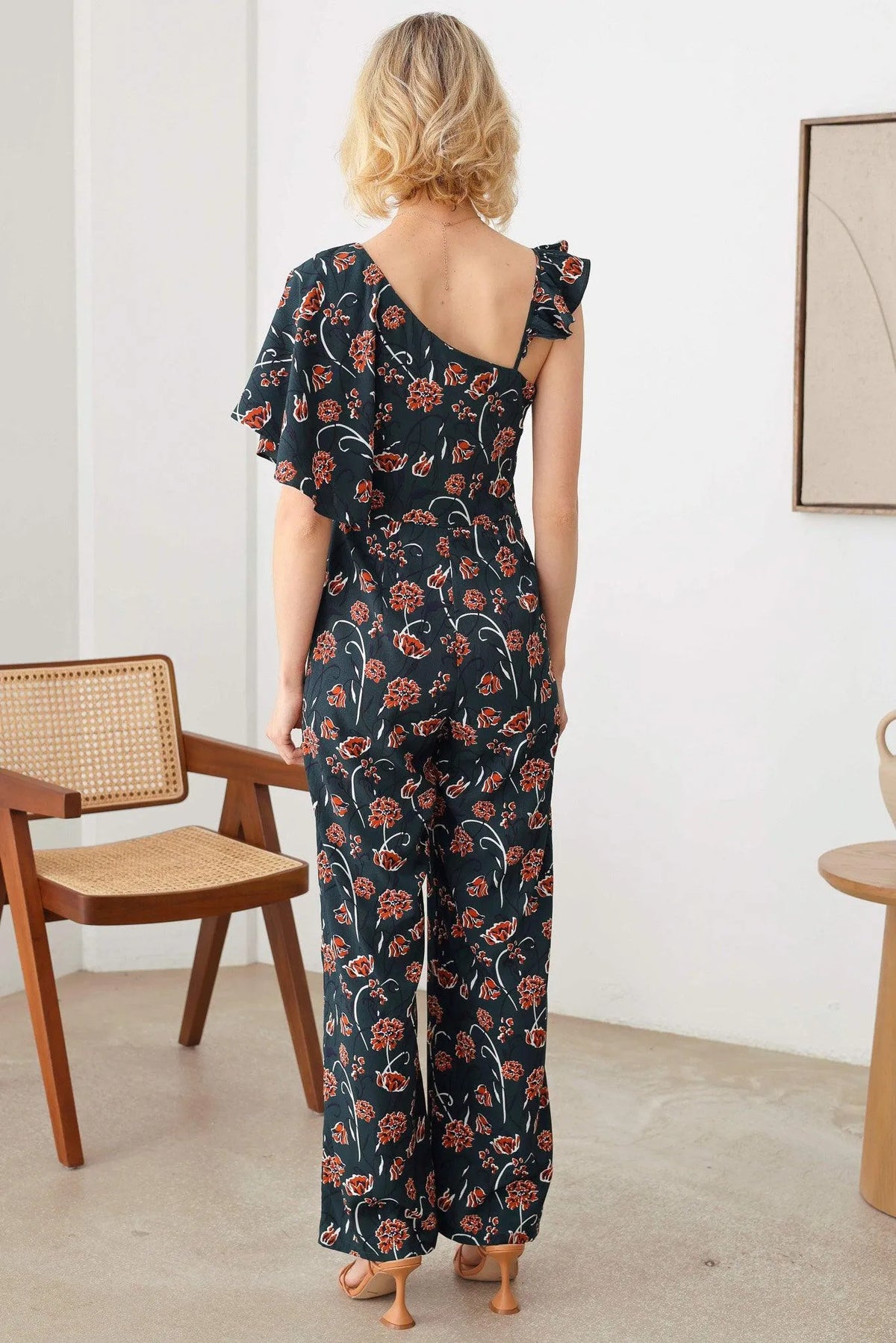 Floral Short Ruffle Sleeve Ruffle Strap Wide Leg Side Zipper Jumpsuit - Tasha Apparel Wholesale