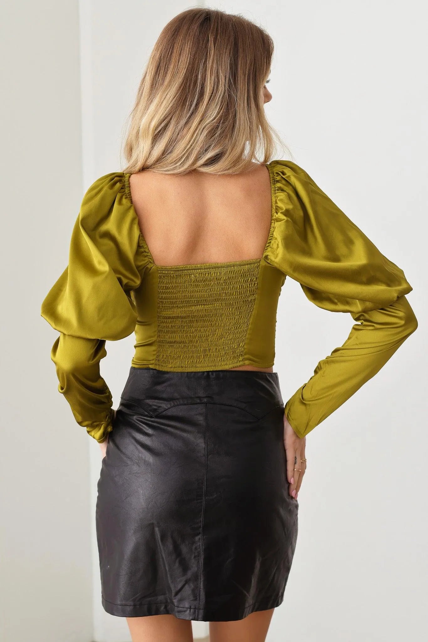 Shirring Puff Sleeve Smocked Back Corset Crop Top - Tasha Apparel Wholesale