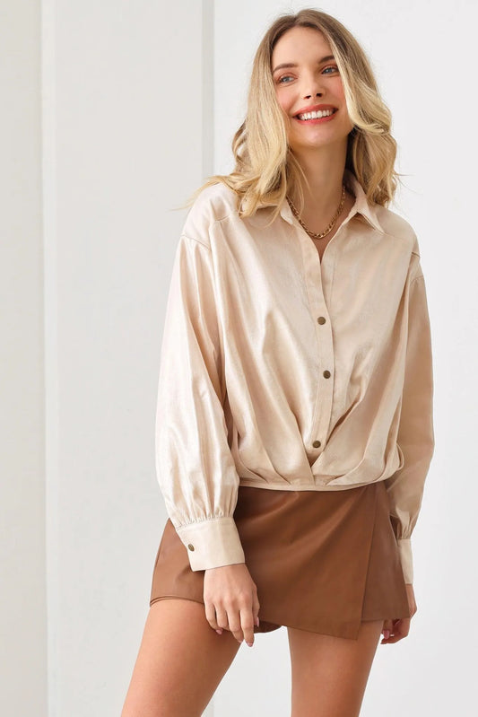 Glossy Satin Button Up Long Sleeve Shirt - Tasha Apparel Wholesale