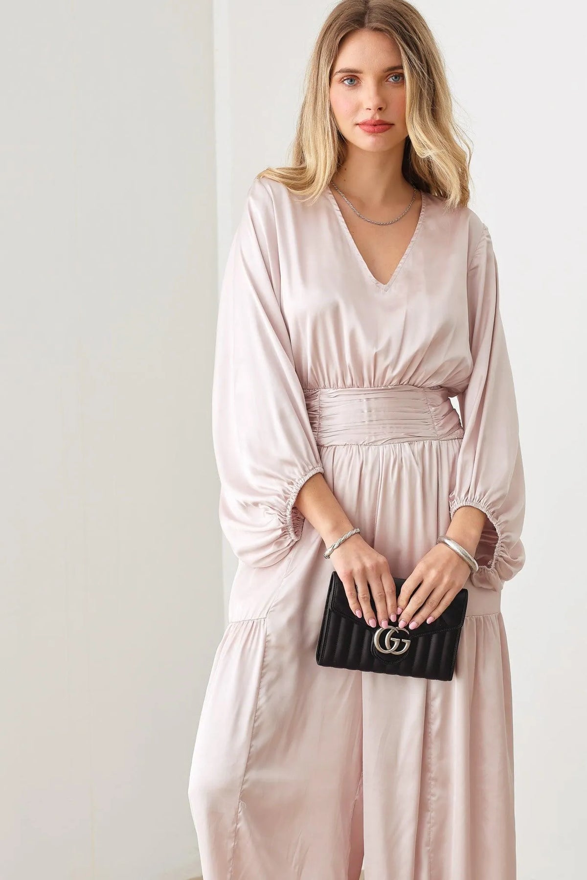 Satin V-Neck Ruched Waist Puff Sleeve Wide Leg Jumpsuit - Tasha Apparel Wholesale
