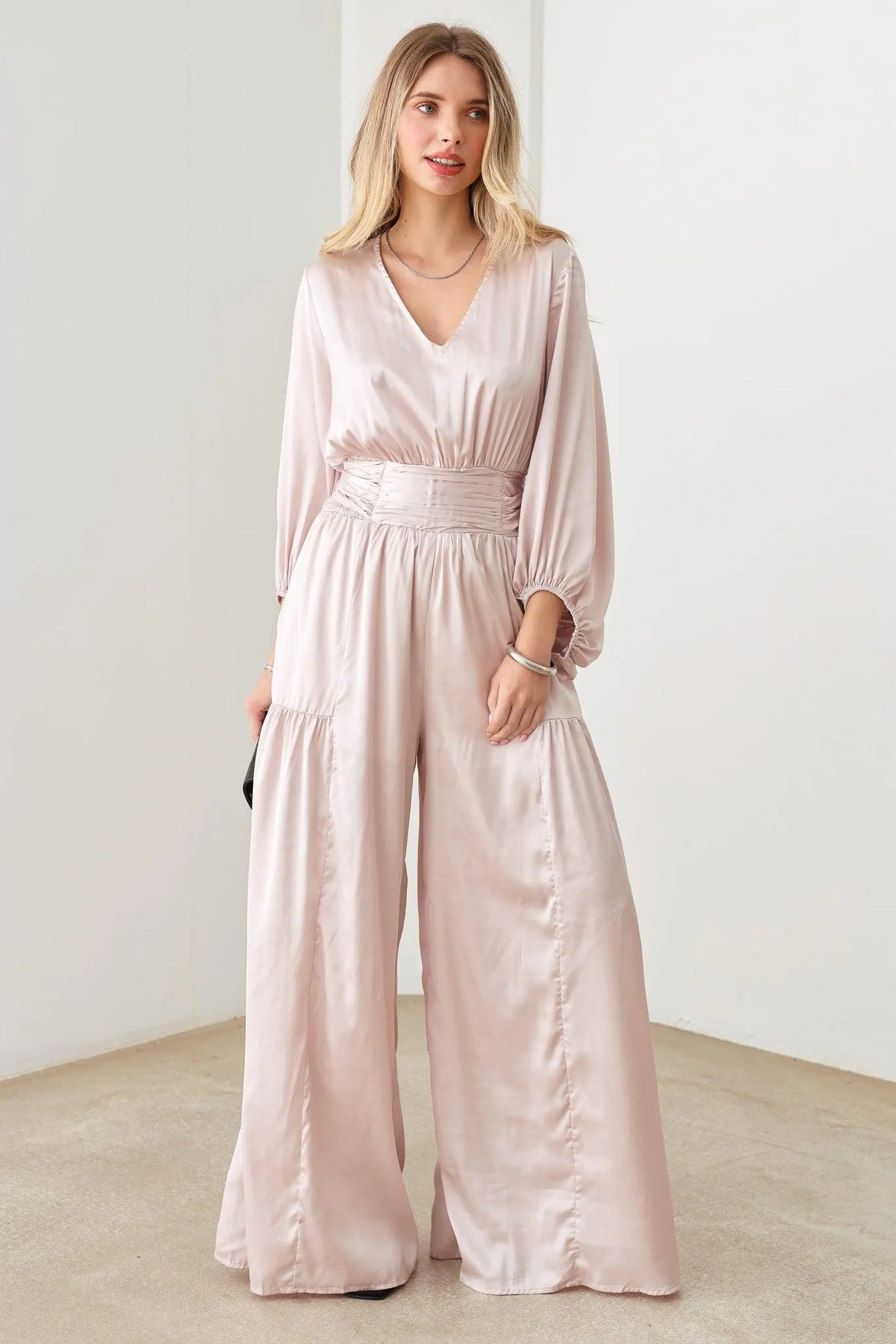 Satin V-Neck Ruched Waist Puff Sleeve Wide Leg Jumpsuit - Tasha Apparel Wholesale
