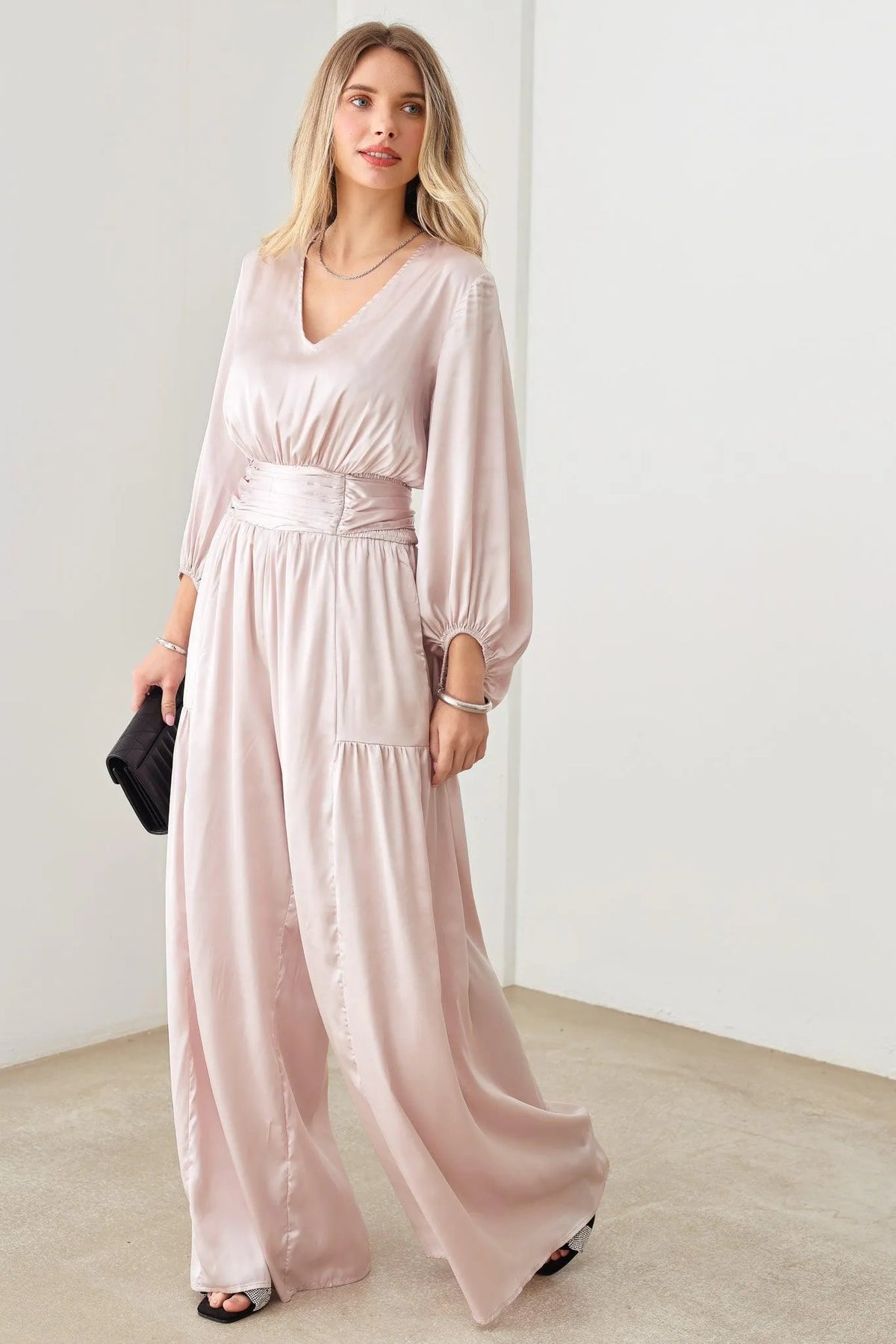 Satin V-Neck Ruched Waist Puff Sleeve Wide Leg Jumpsuit - Tasha Apparel Wholesale