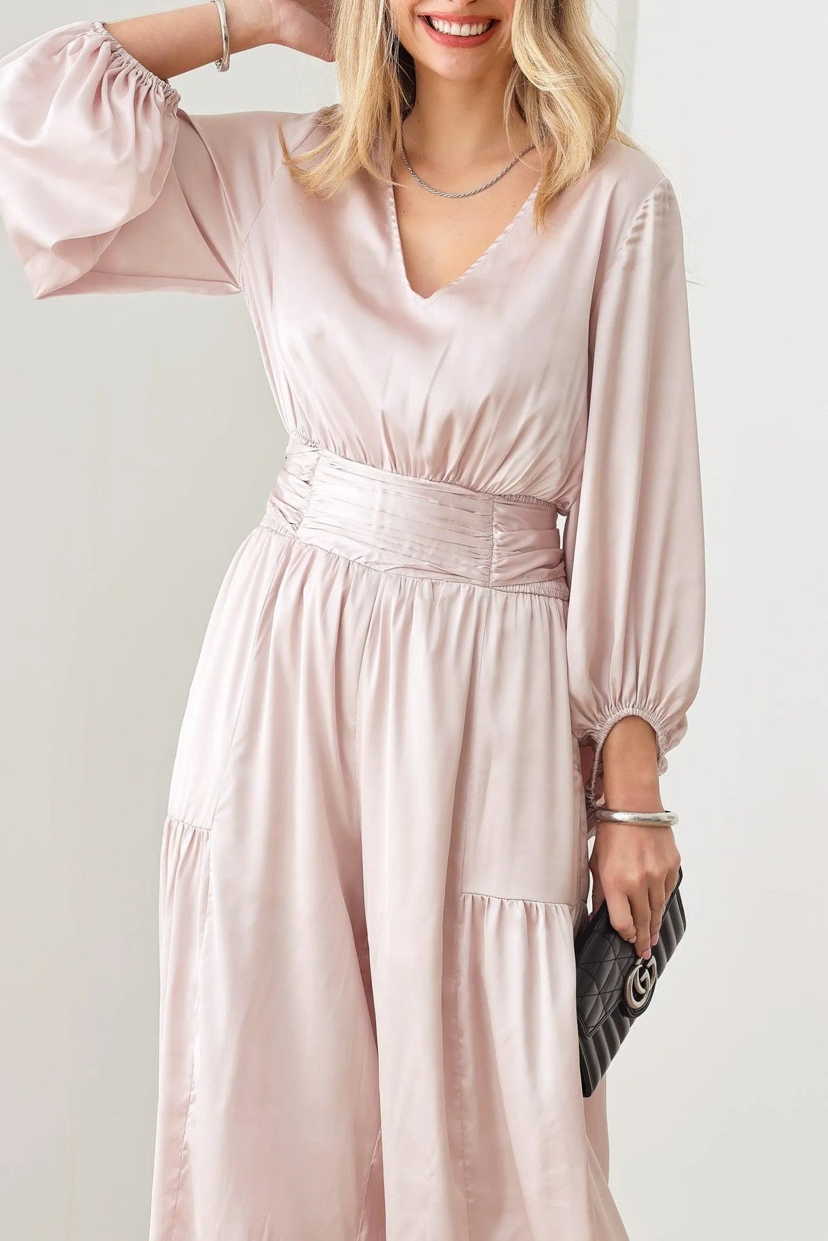 Satin V-Neck Ruched Waist Puff Sleeve Wide Leg Jumpsuit - Tasha Apparel Wholesale