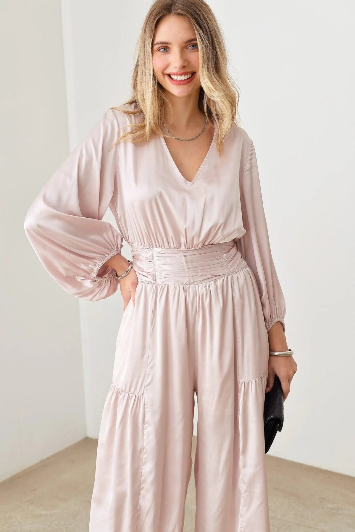 Satin V-Neck Ruched Waist Puff Sleeve Wide Leg Jumpsuit - Tasha Apparel Wholesale