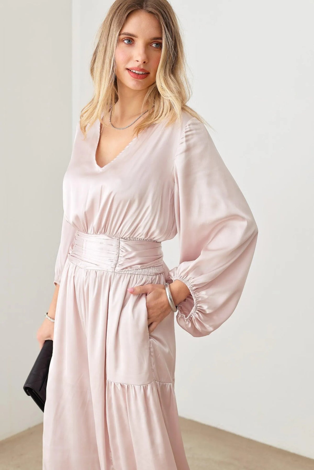 Satin V-Neck Ruched Waist Puff Sleeve Wide Leg Jumpsuit - Tasha Apparel Wholesale