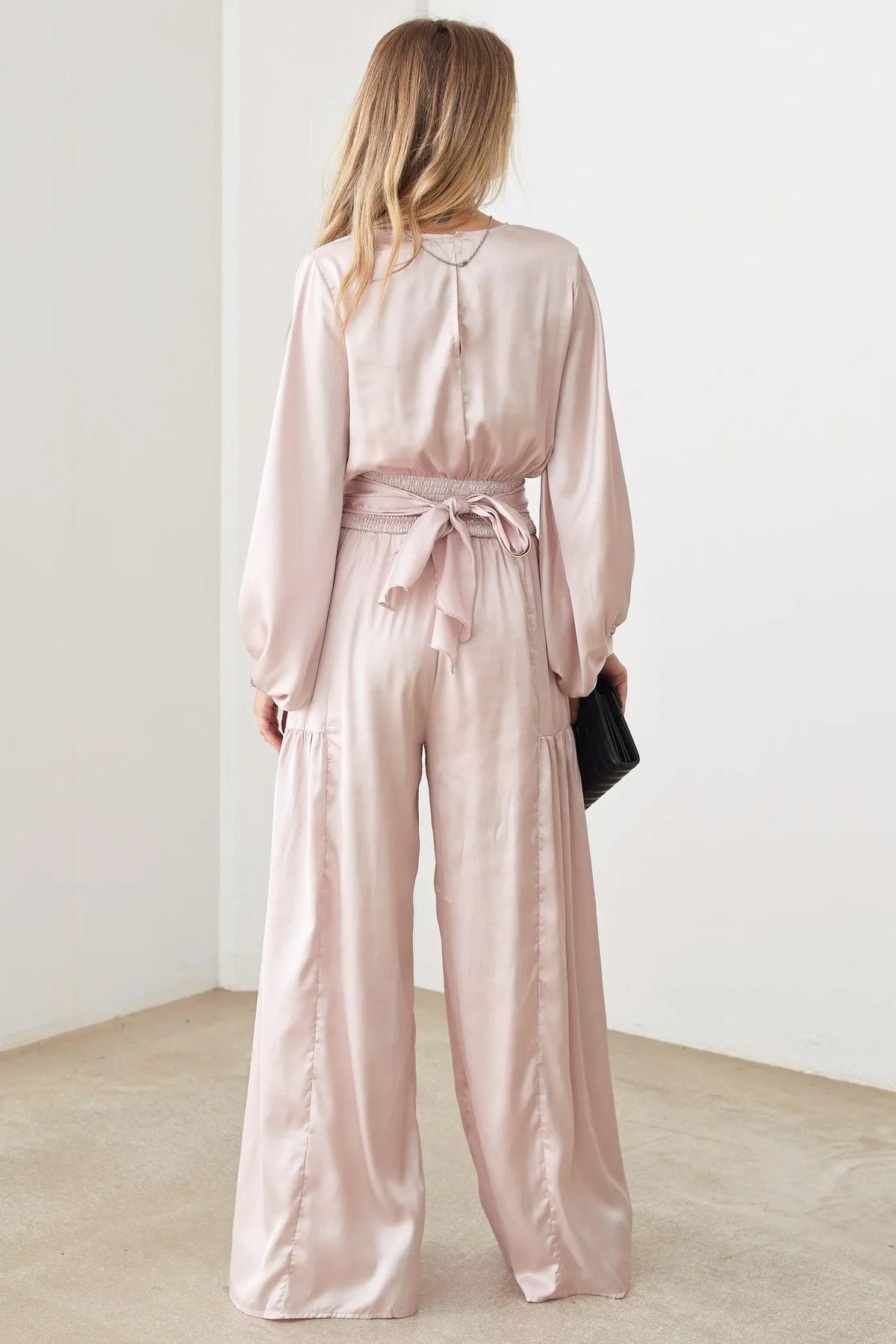 Satin V-Neck Ruched Waist Puff Sleeve Wide Leg Jumpsuit - Tasha Apparel Wholesale