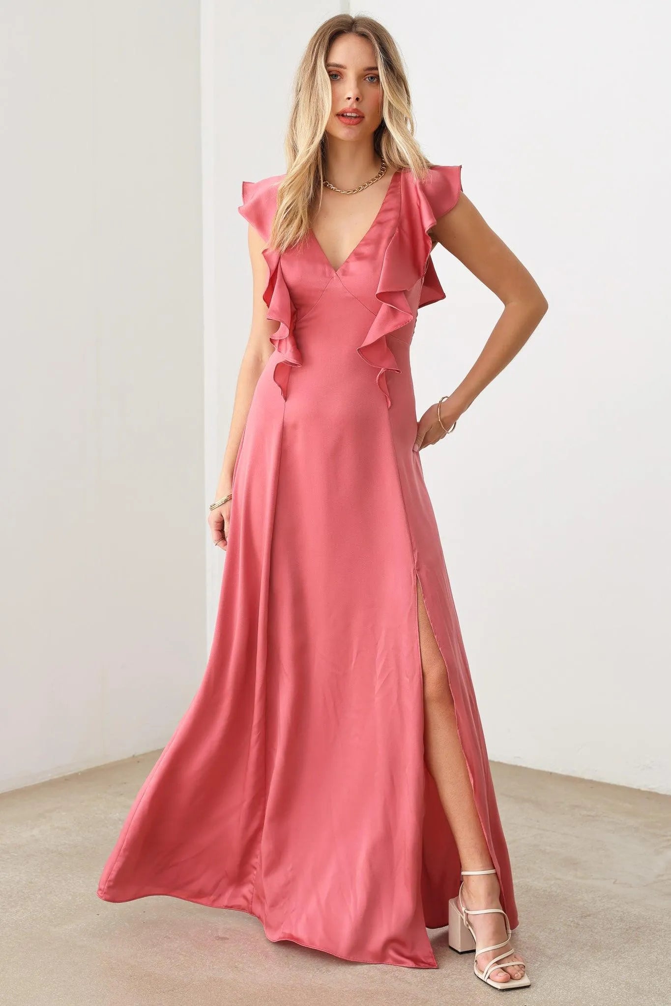 Satin Ruffle Shoulder Back Tie Strap Front Slit Maxi Dress - Tasha Apparel Wholesale