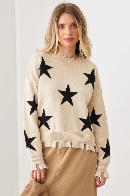 Star Printed Frayed Detail Long Sleeve Sweater - Tasha Apparel Wholesale
