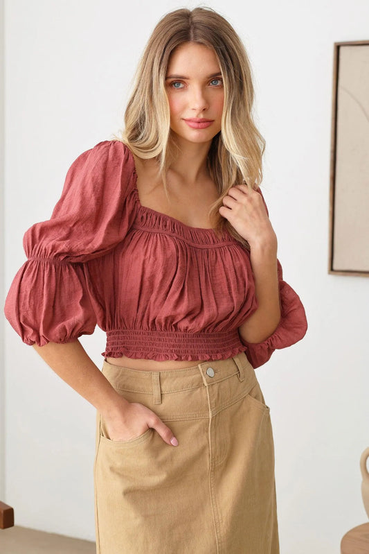 Boho Smocked Square Neck Puff Sleeve Crop Top - Tasha Apparel Wholesale