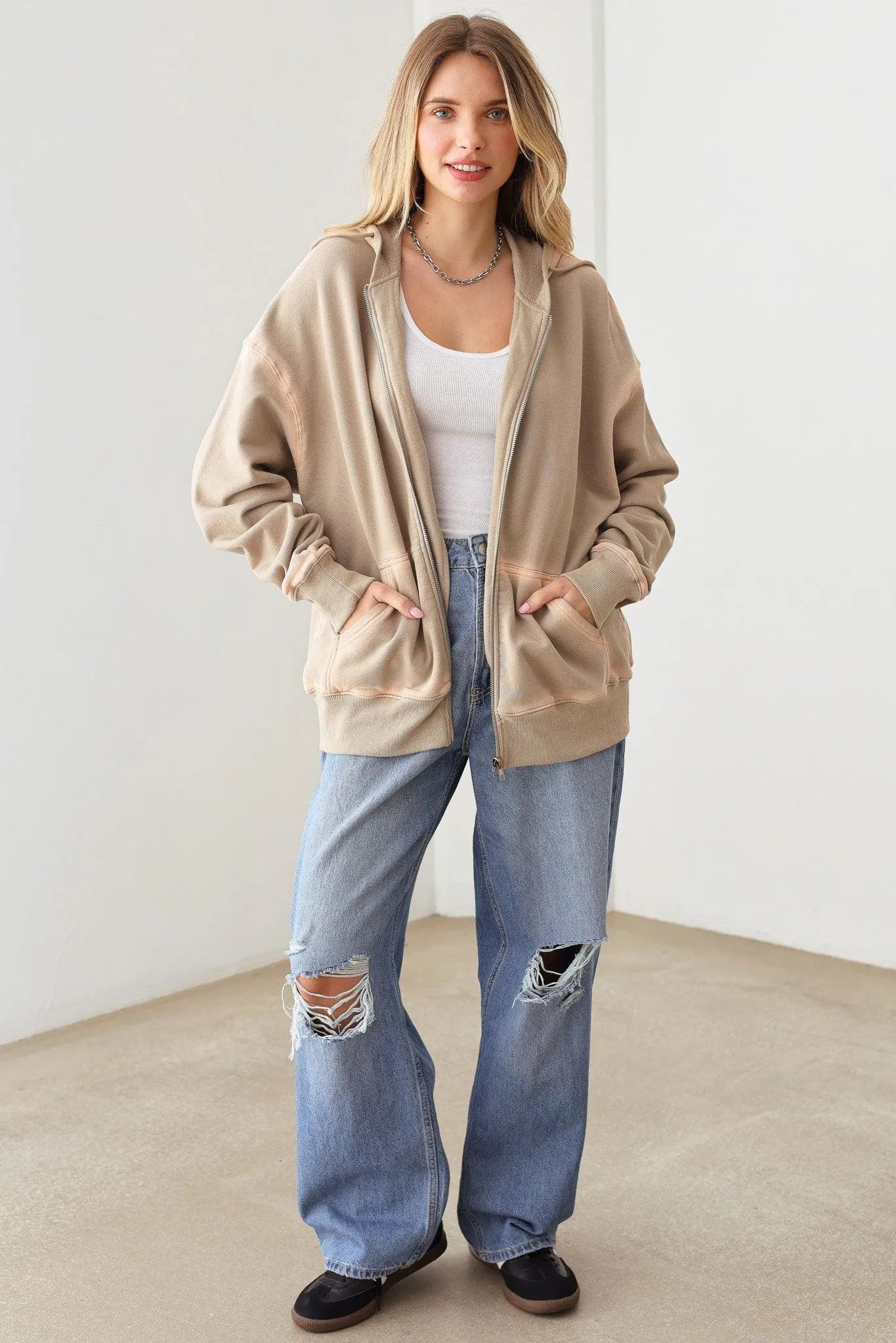 Wash Detail Front Two Pocket Oversized Hoodie Zip Up Jacket - Tasha Apparel Wholesale