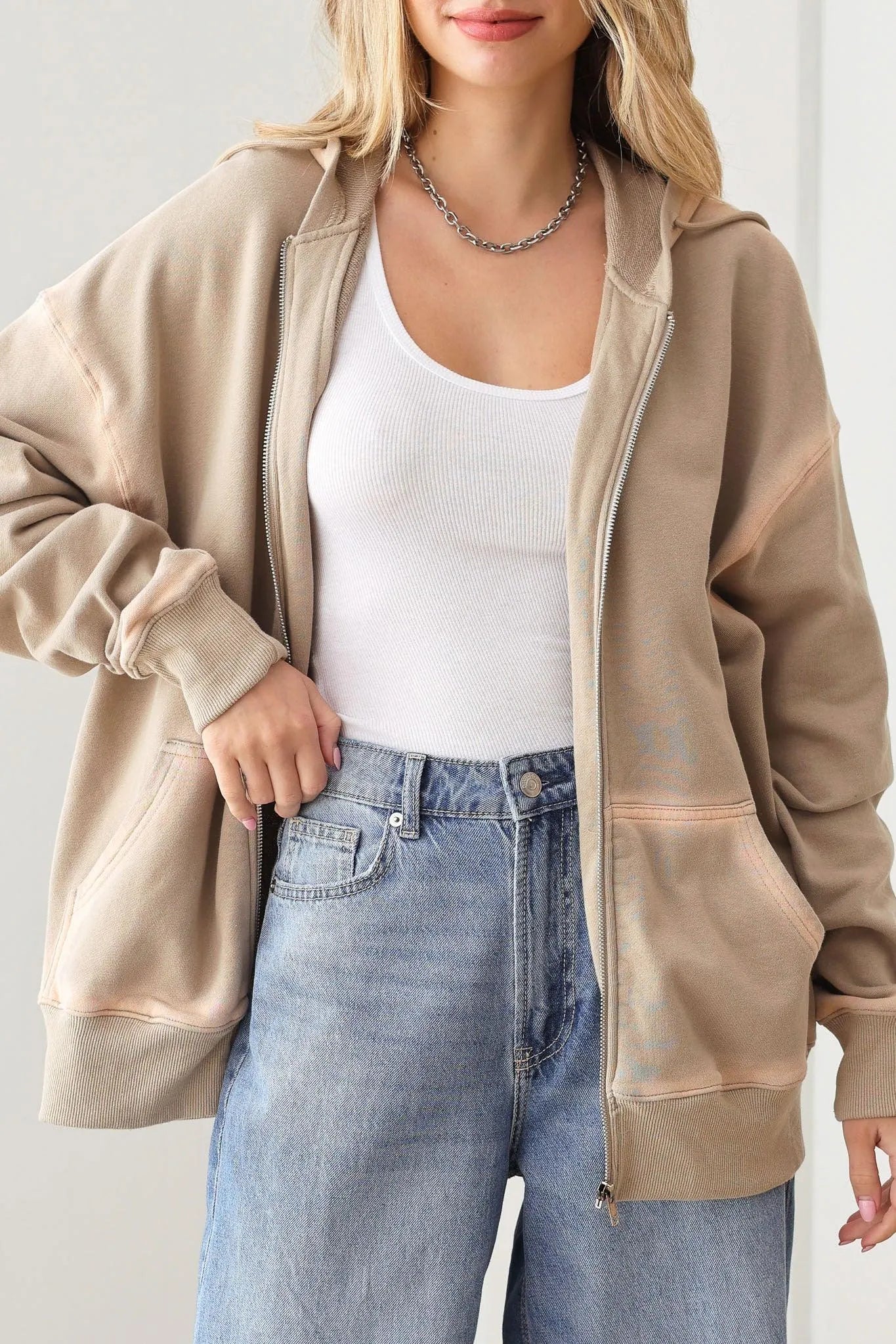 Wash Detail Front Two Pocket Oversized Hoodie Zip Up Jacket - Tasha Apparel Wholesale