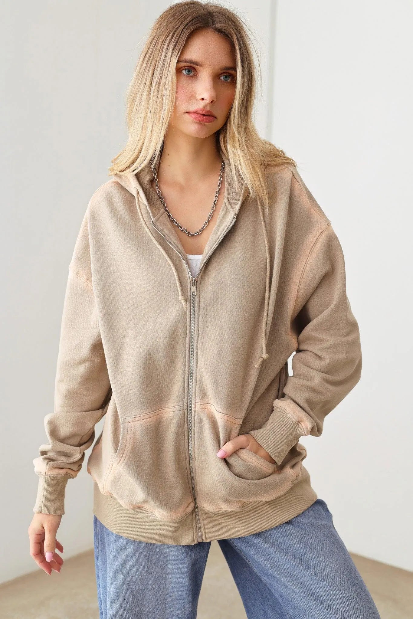 Wash Detail Front Two Pocket Oversized Hoodie Zip Up Jacket - Tasha Apparel Wholesale
