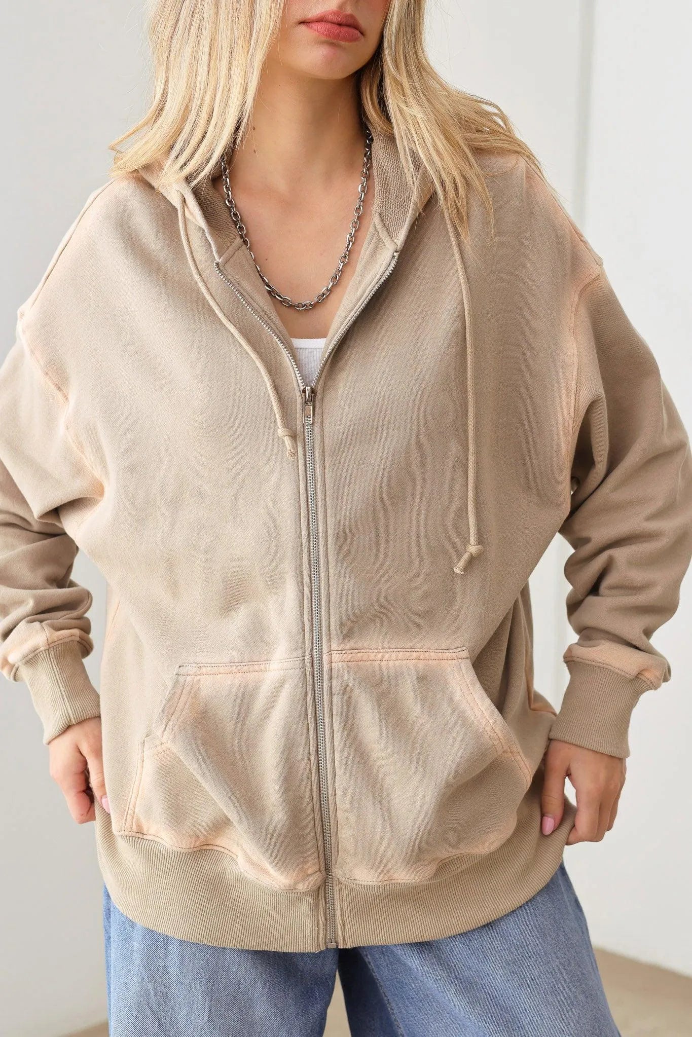 Wash Detail Front Two Pocket Oversized Hoodie Zip Up Jacket - Tasha Apparel Wholesale