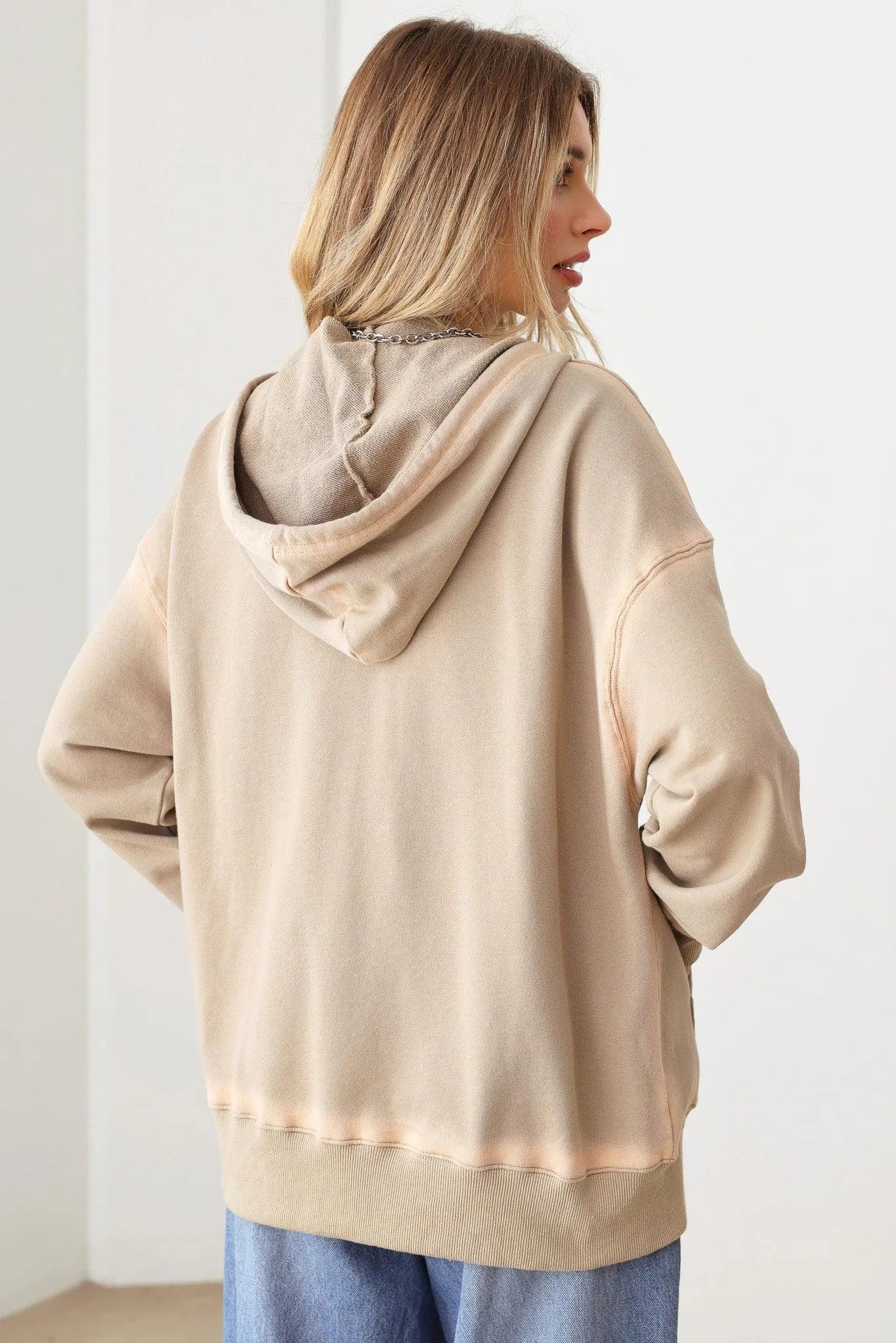 Wash Detail Front Two Pocket Oversized Hoodie Zip Up Jacket - Tasha Apparel Wholesale