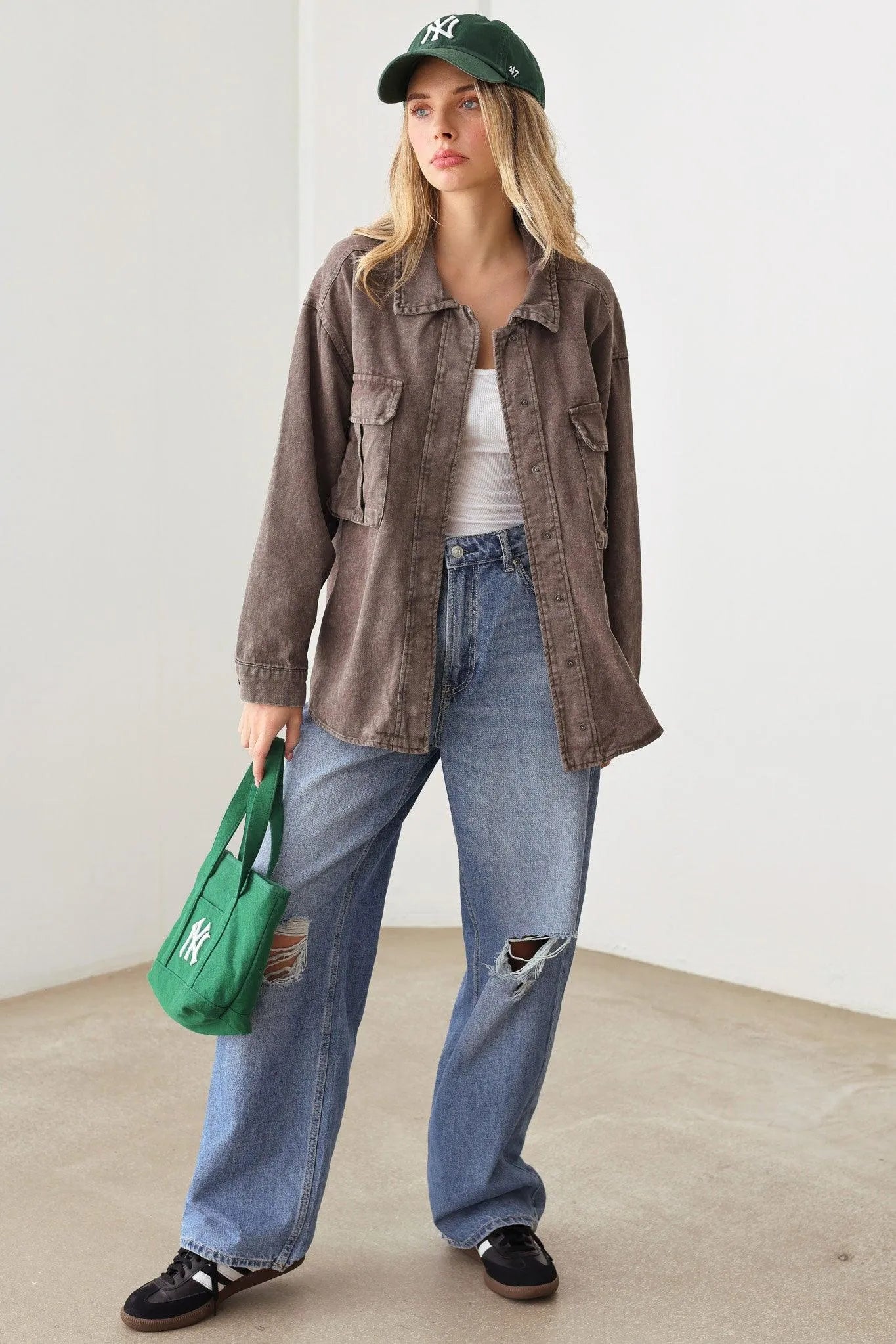 Oversize Dye Washed Front Pocket Shirt Top Jacket - Tasha Apparel Wholesale