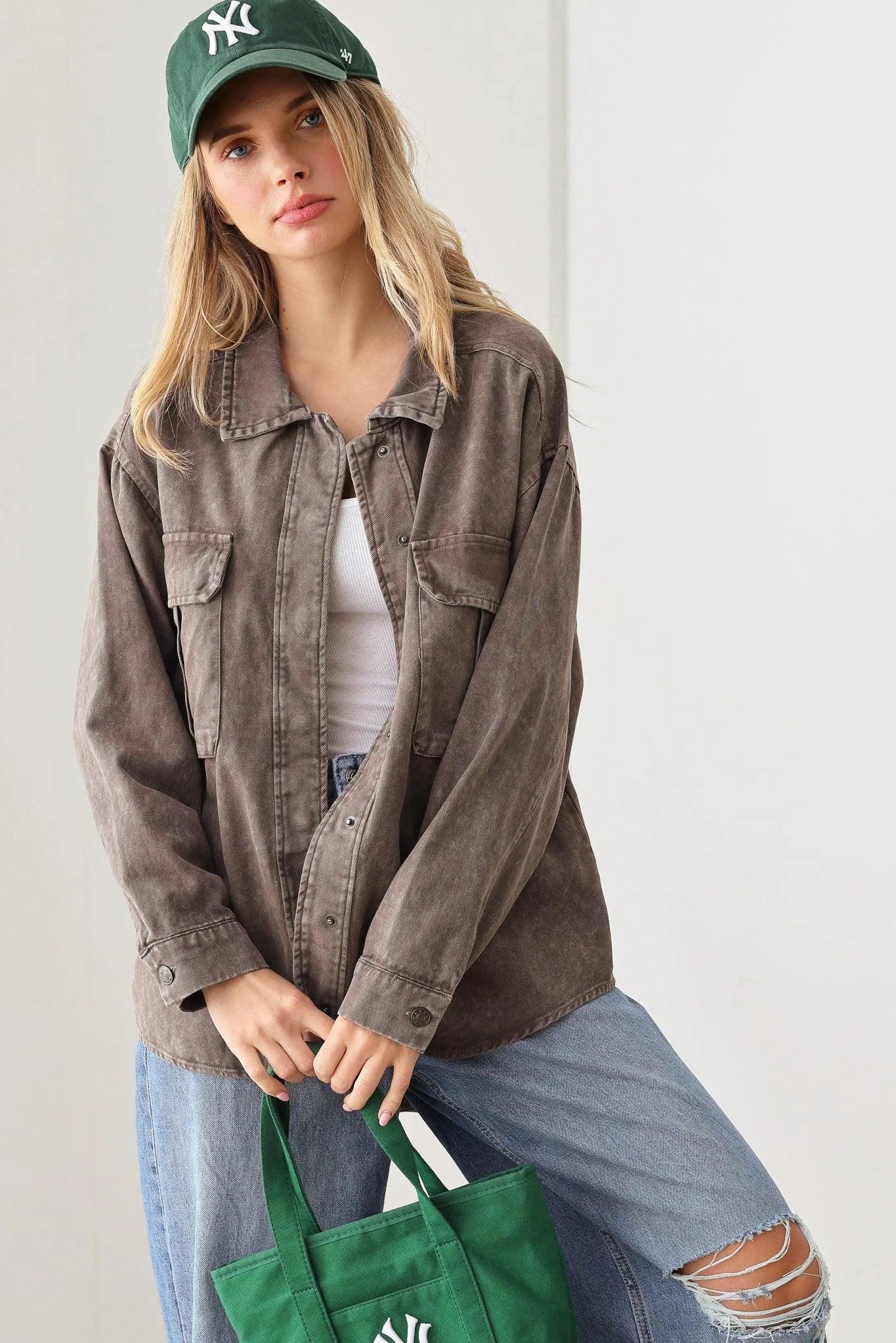 Oversize Dye Washed Front Pocket Shirt Top Jacket - Tasha Apparel Wholesale