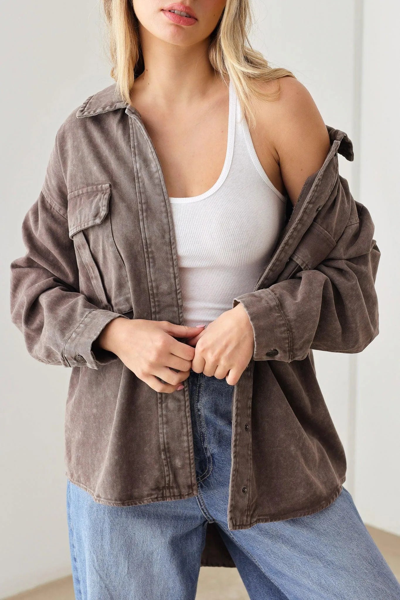 Oversize Dye Washed Front Pocket Shirt Top Jacket - Tasha Apparel Wholesale