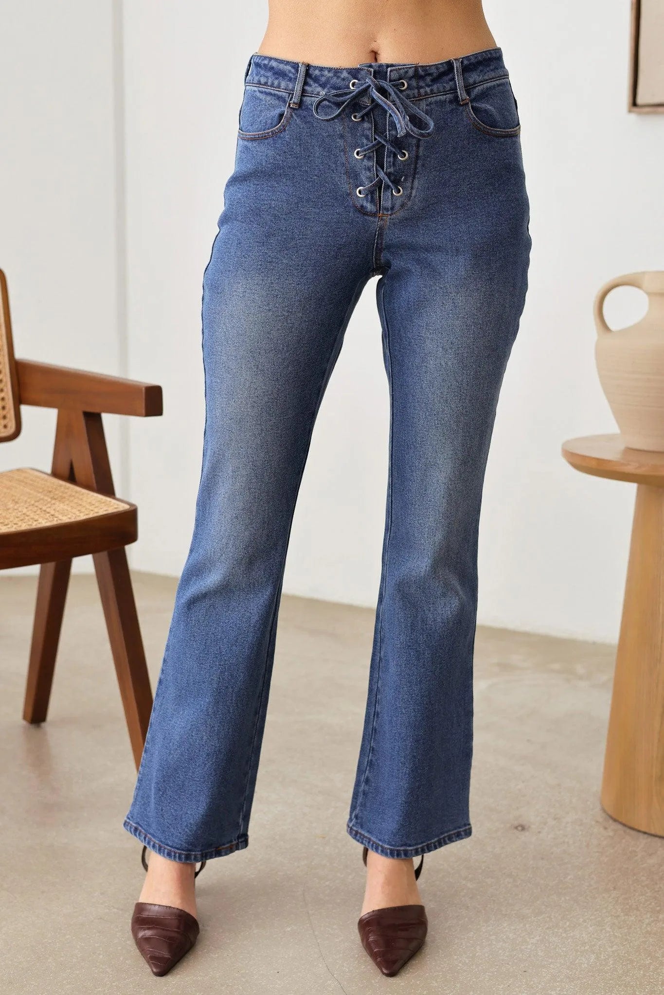 Bootcut Leg Front Tie Four Pocket Stretchy Denim Jeans - Tasha Apparel Wholesale