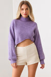 Purple Knit Asymmetrical Hem Cute Crop Sweater - Tasha Apparel Wholesale