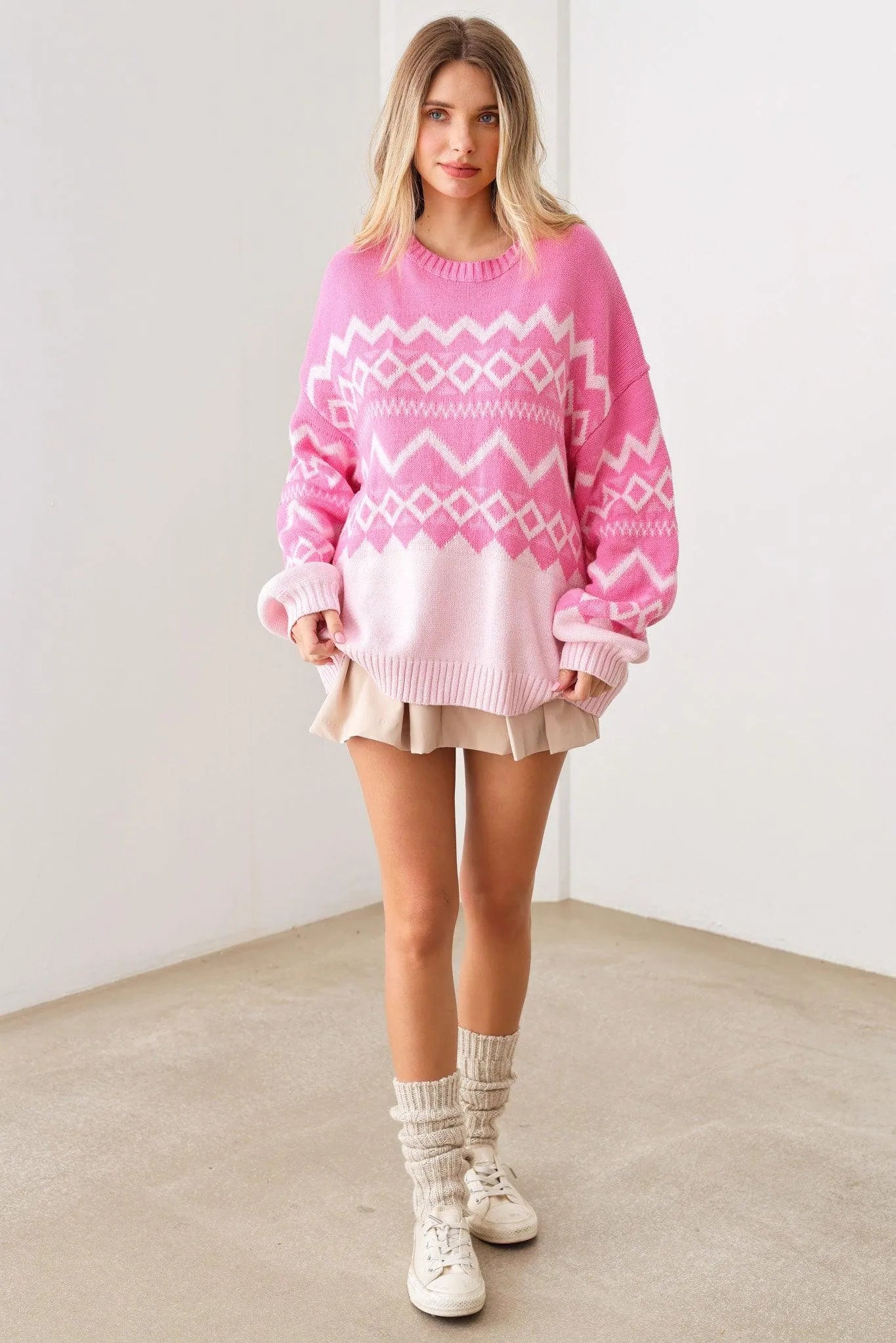 Oversize Tribal Print Long Sleeve Sweater - Tasha Apparel Wholesale