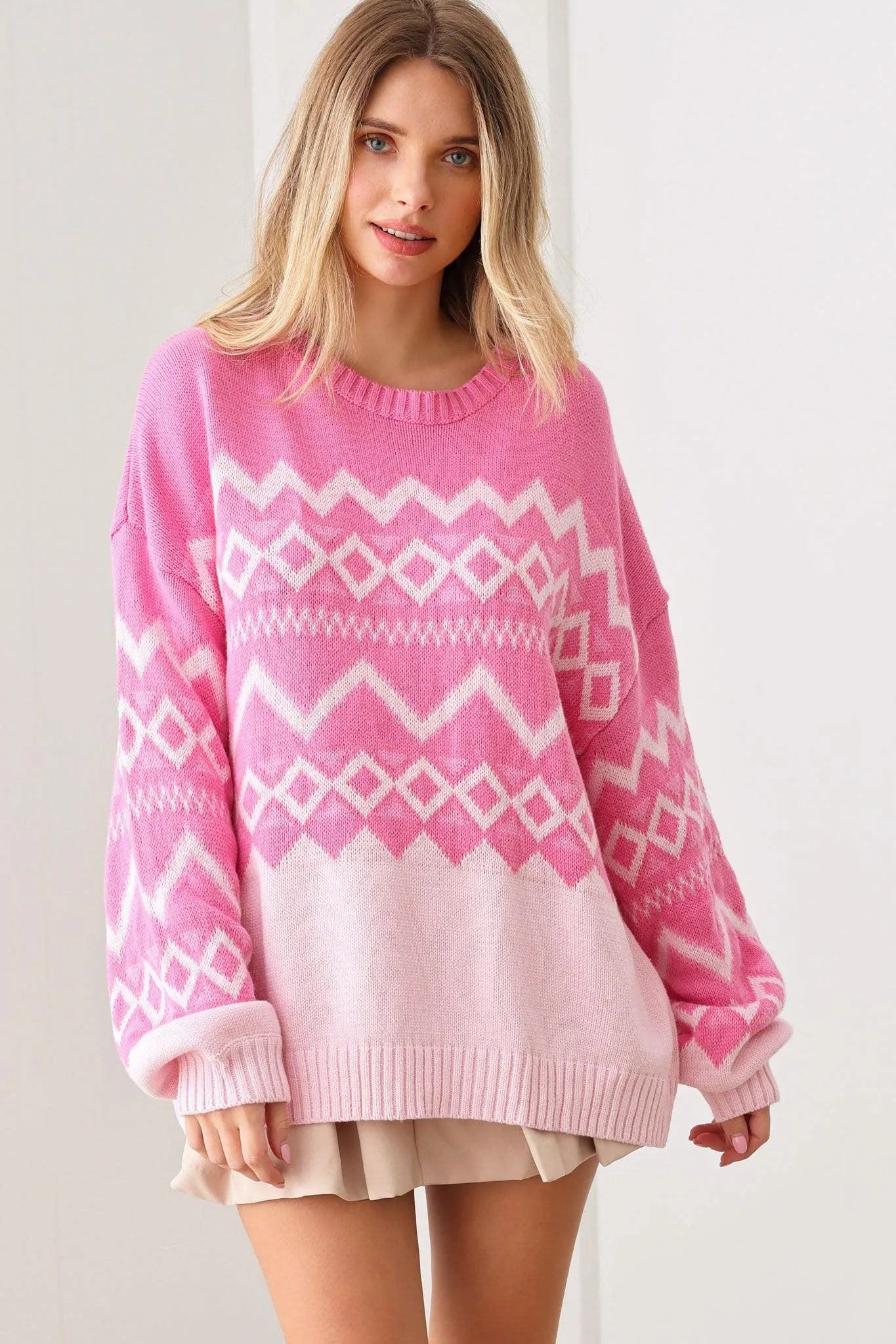 Oversize Tribal Print Long Sleeve Sweater - Tasha Apparel Wholesale