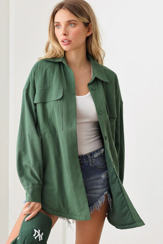 Oversize Wrinkled Two Front Pocket Button Down Shacket Jacket - Tasha Apparel Wholesale