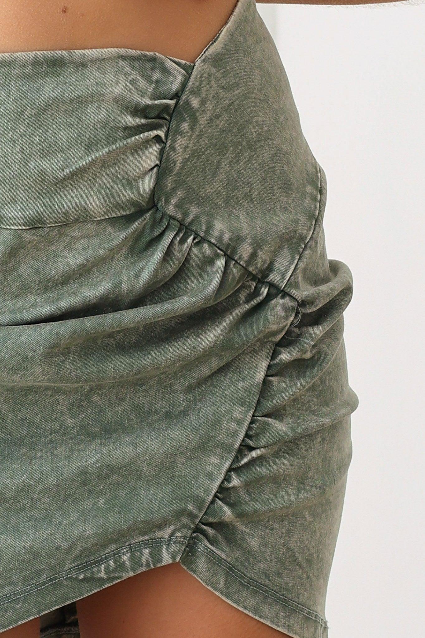 Ruched Side Washed Back Zipper A Line Silhouette Denim Skirt - Tasha Apparel Wholesale