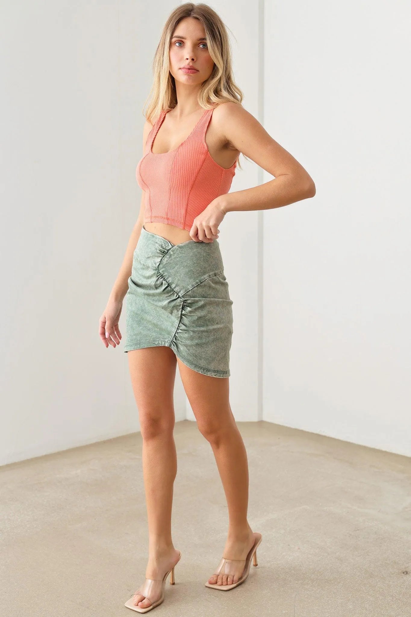 Ruched Side Washed Back Zipper A Line Silhouette Denim Skirt - Tasha Apparel Wholesale