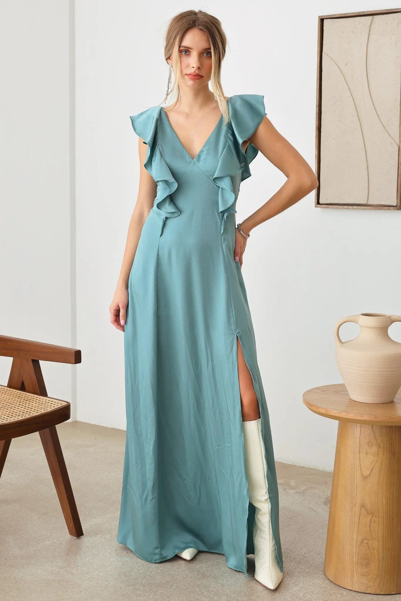 Satin Ruffle Shoulder Back Tie Strap Front Slit Maxi Dress - Tasha Apparel Wholesale