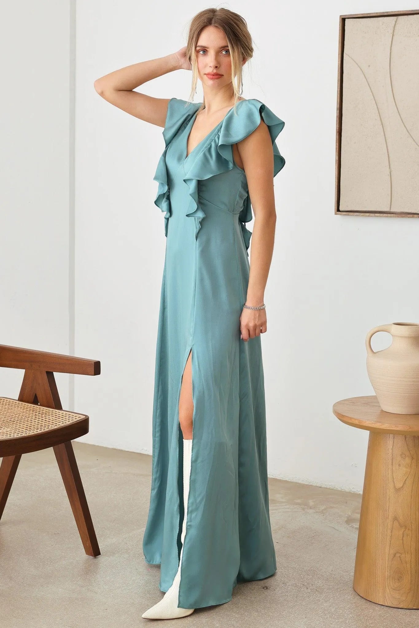 Satin Ruffle Shoulder Maxi Dress Satin Ruffle Shoulder Back Tie