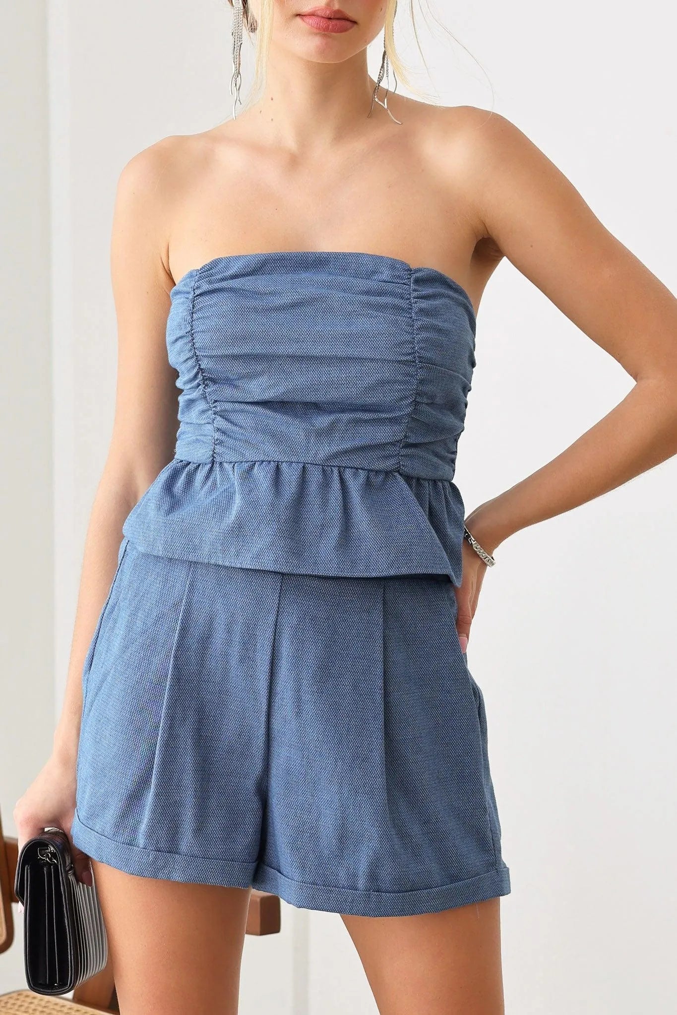 Pleated Side Pocket Back Stretchy Waist Line Short & Gathered Ruffle Hem Crop Top Set - Tasha Apparel Wholesale