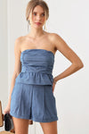 Pleated Side Pocket Back Stretchy Waist Line Short & Gathered Ruffle Hem Crop Top Set - Tasha Apparel Wholesale