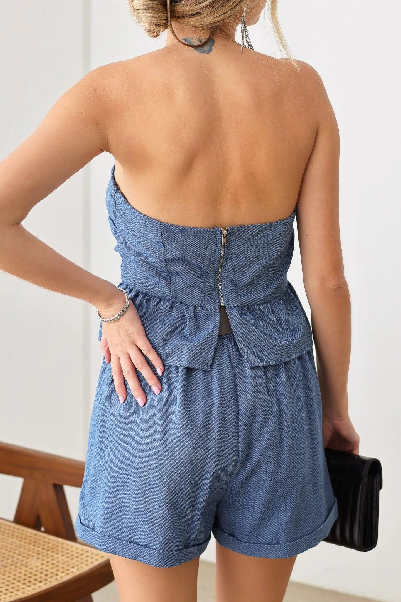 Pleated Side Pocket Back Stretchy Waist Line Short & Gathered Ruffle Hem Crop Top Set - Tasha Apparel Wholesale