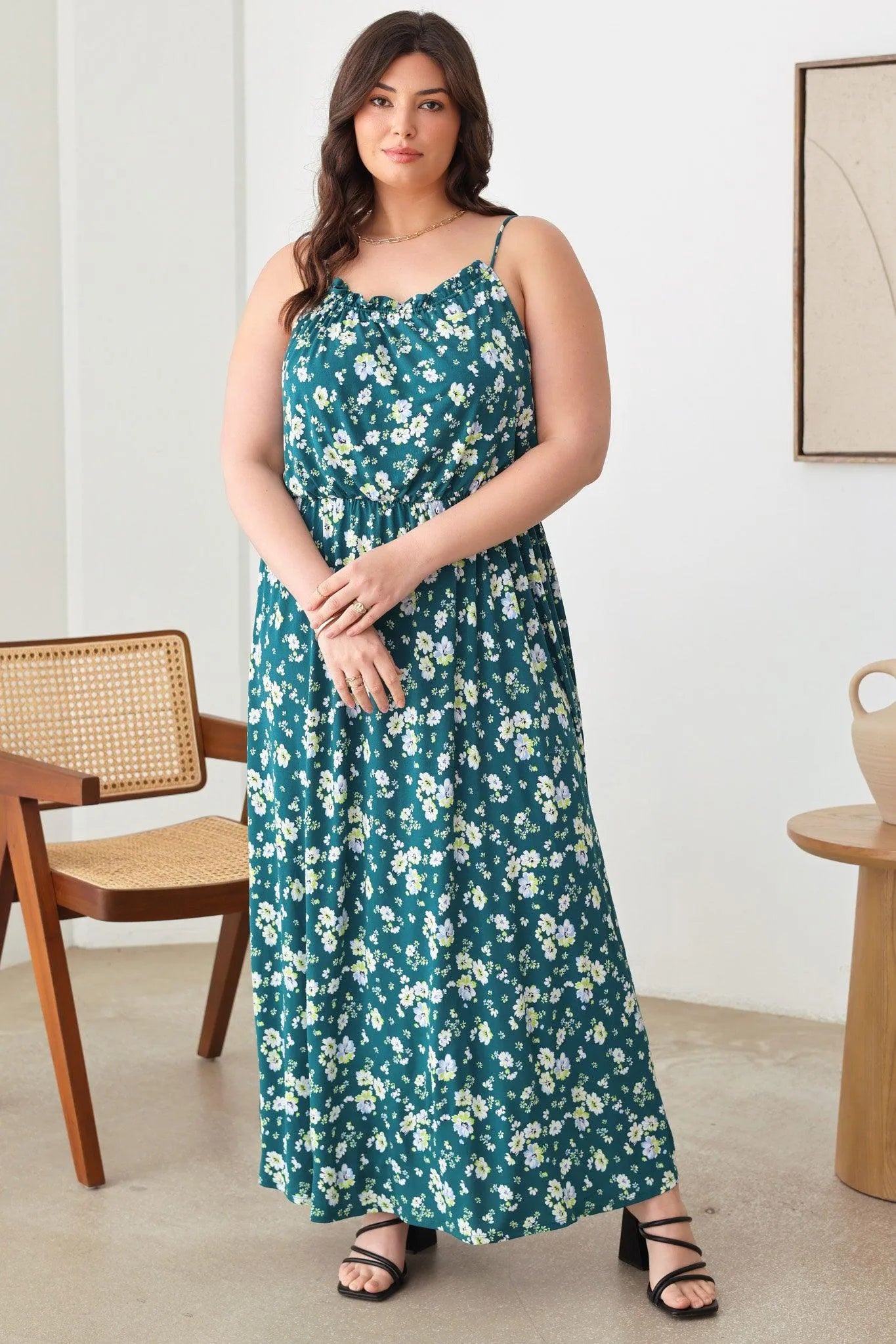 Plus Size Floral Spaghetti Strap Gathered Maxi Dress - Tasha Apparel Wholesale