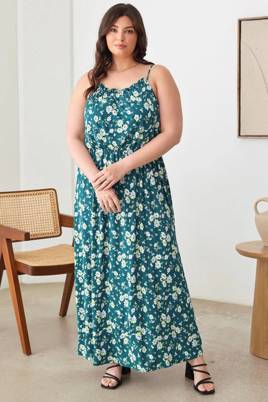 Plus Size Floral Spaghetti Strap Gathered Maxi Dress - Tasha Apparel Wholesale
