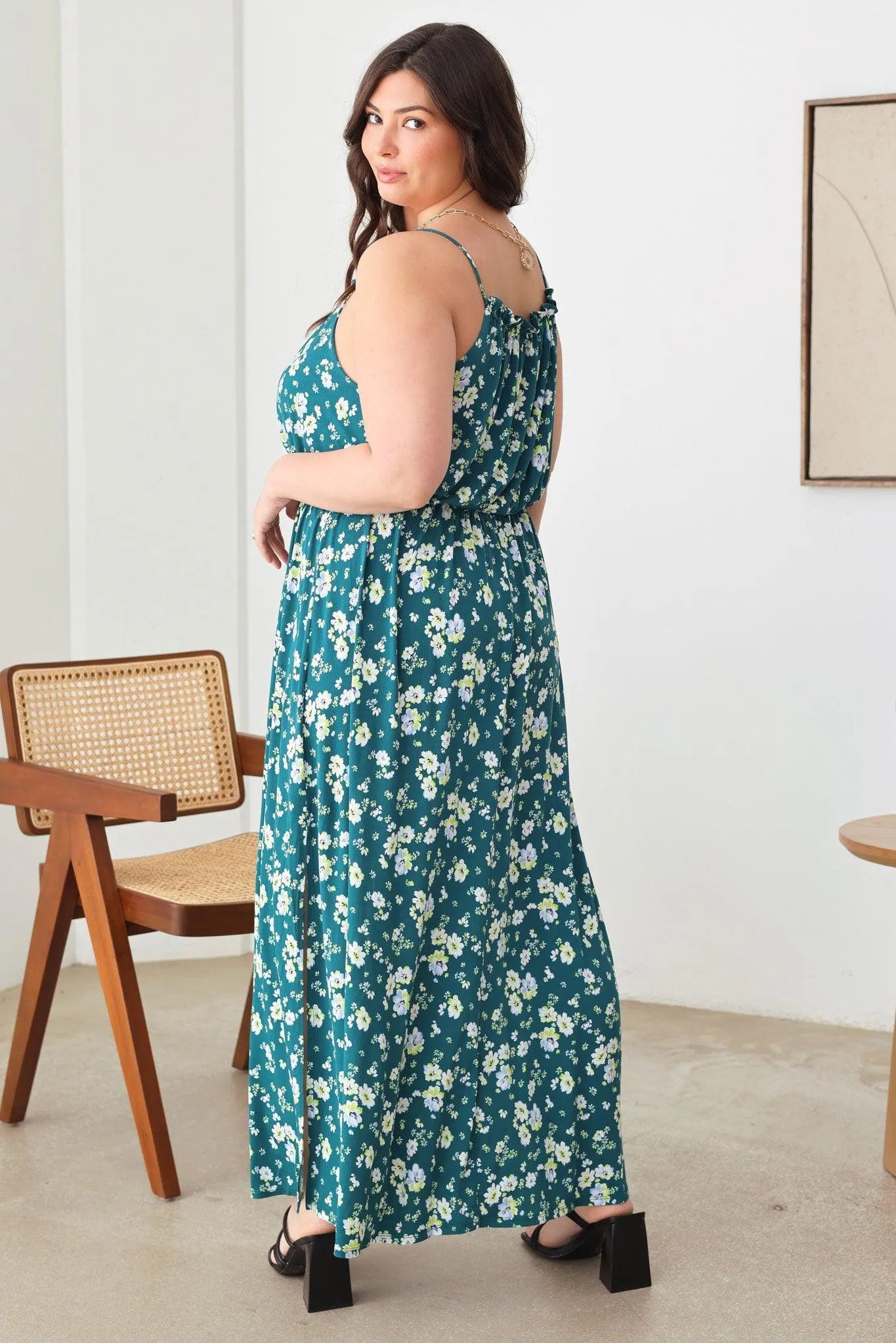 Plus Size Floral Spaghetti Strap Gathered Maxi Dress - Tasha Apparel Wholesale