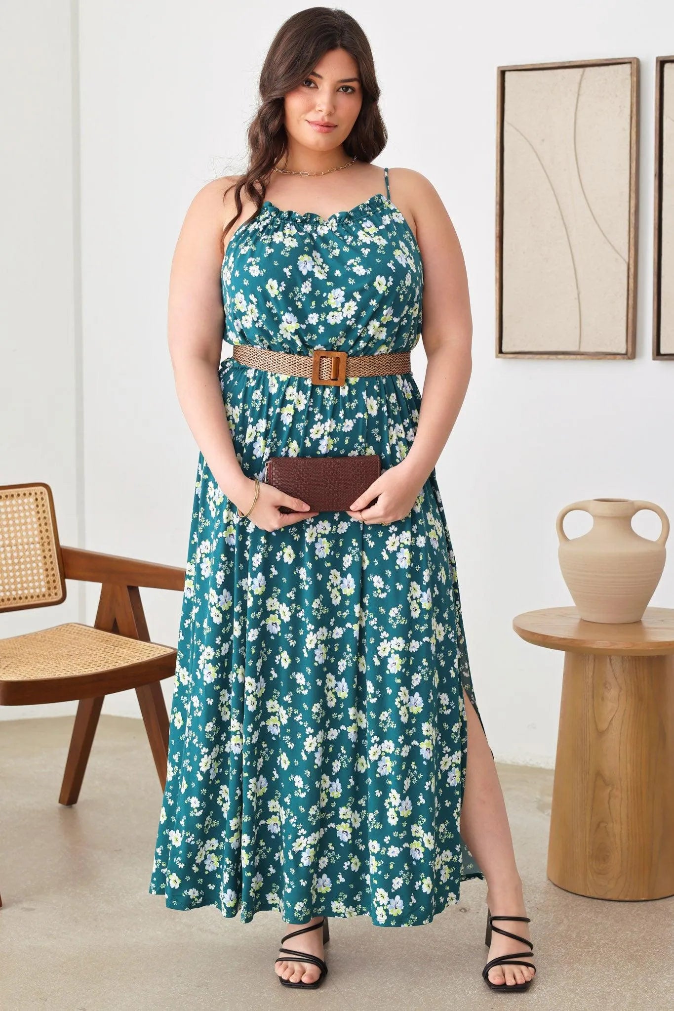 Plus Size Floral Spaghetti Strap Gathered Maxi Dress - Tasha Apparel Wholesale