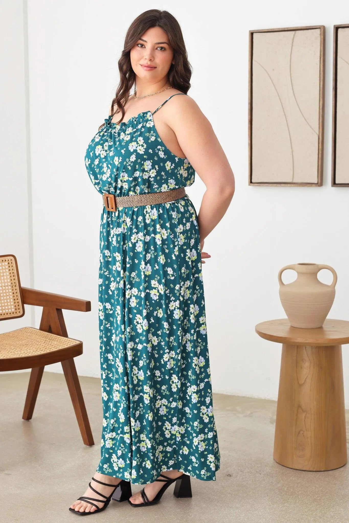 Plus Size Floral Spaghetti Strap Gathered Maxi Dress - Tasha Apparel Wholesale