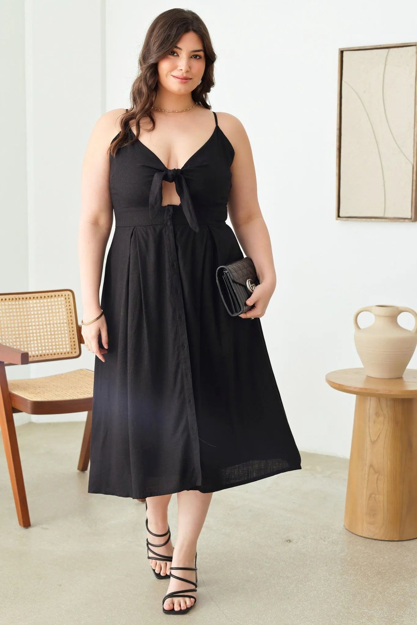 Plus Size Cut-Out Front Tie Smocked Sleeveless Midi Dress - Tasha Apparel Wholesale